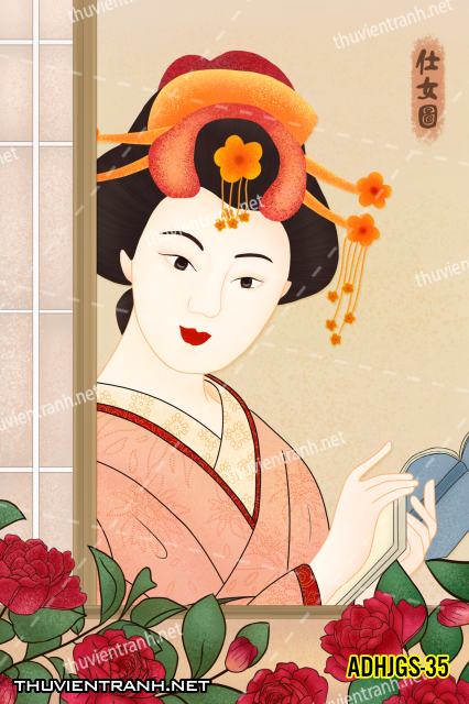 Tranh dán tường Cô gái  Nhật Bản mặc kimono, tranh minh họa cô gái Nhật Bản xưa -ADHJGS-35 - Tranh tường chất lượng cao